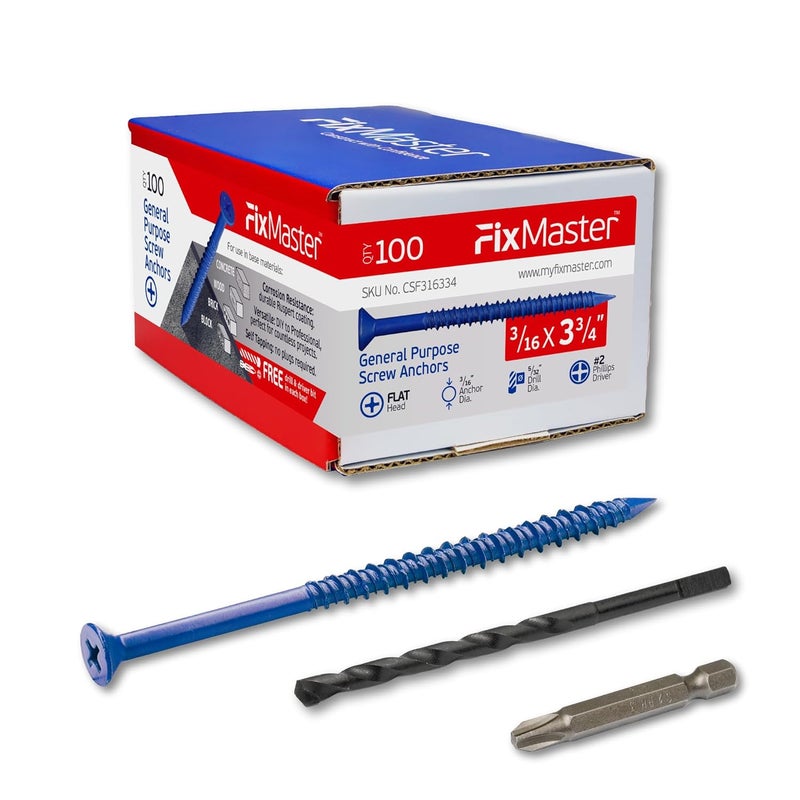 FixMaster 3/16 x 3-3/4" Countersunk Phillips Flat Head Blue Concrete Screw Anchors (100 pcs Screw Kit) with one Screwdriver and Drill Bit for Concrete, Masonry, Block, Brick and Wood Fastening - Image 1